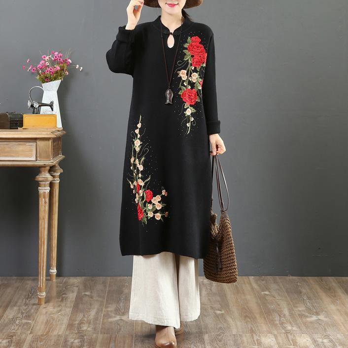 For Work stand collar Sweater embroidery outfits Street Style black wild Ugly knit dresses - Omychic