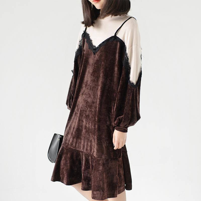 Free style velour spring dresses chocolate loose fake two pieces baggy dress lace details - Omychic