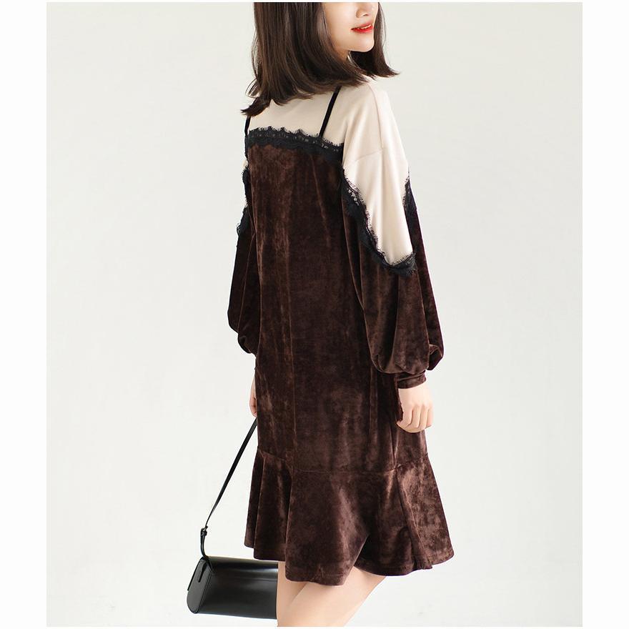 Free style velour spring dresses chocolate loose fake two pieces baggy dress lace details - Omychic