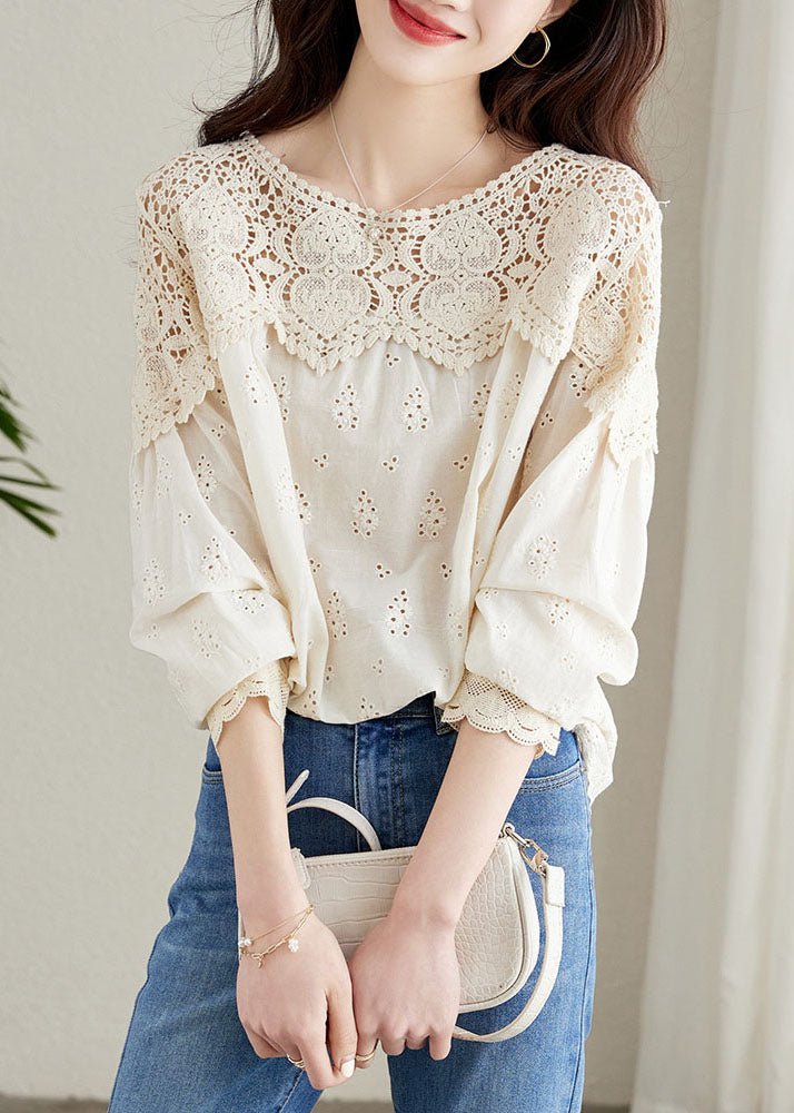 French Apricot Hollow Out Lace Patchwork Cotton Shirts Top Spring