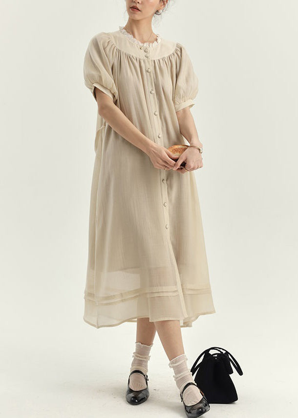 French Apricot Ruffled Lace Up Silk Cotton Shirts Dresses Summer