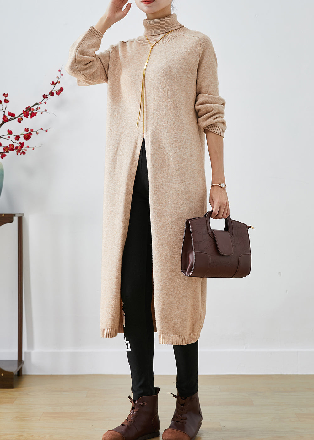French Apricot Turtle Neck Side Open Knit Sweater Dress Fall