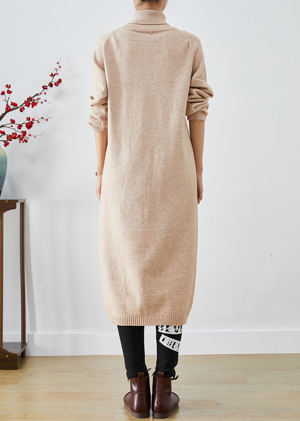 French Apricot Turtle Neck Side Open Knit Sweater Dress Fall