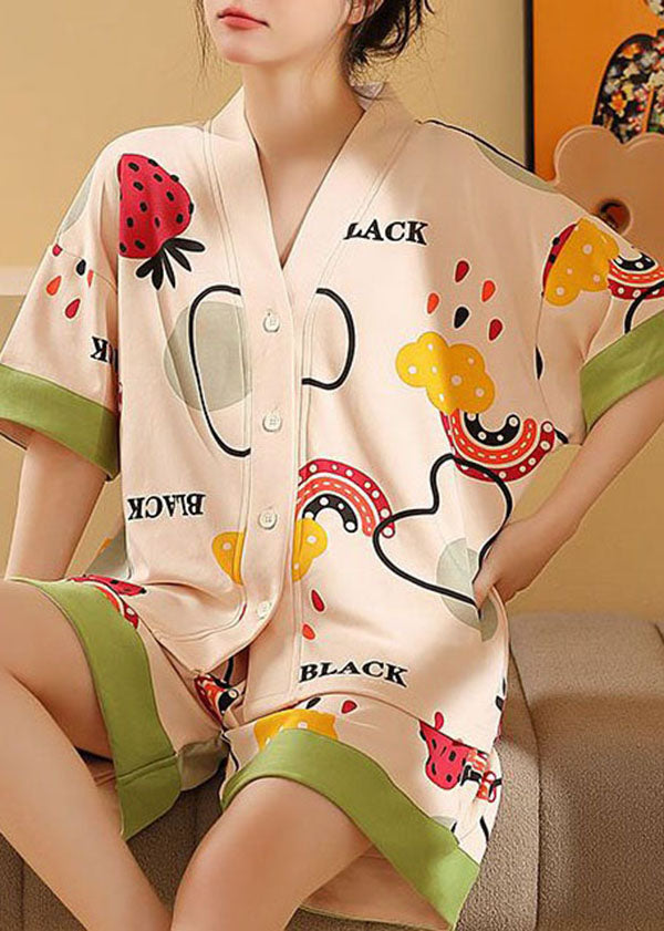 French Apricot V Neck Button Cotton Two Pieces Set Pajamas Summer