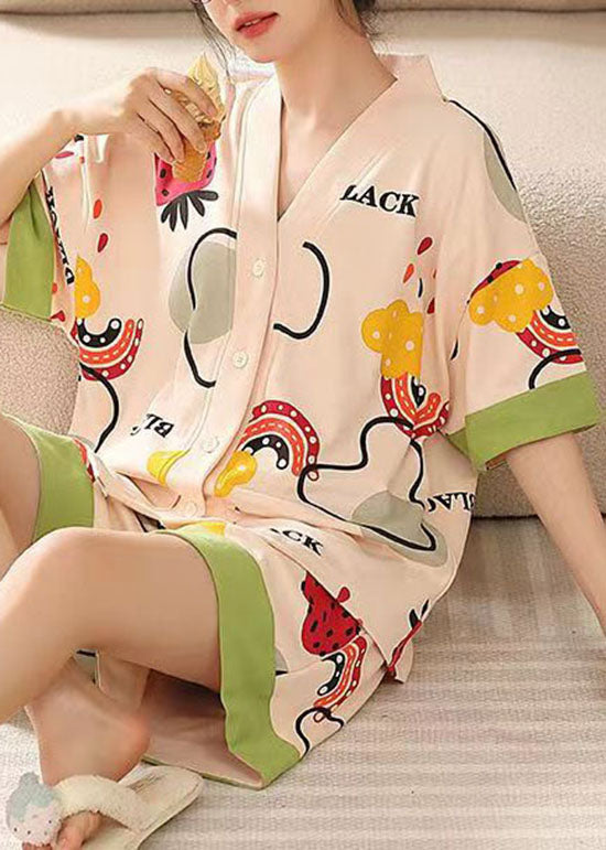 French Apricot V Neck Button Cotton Two Pieces Set Pajamas Summer