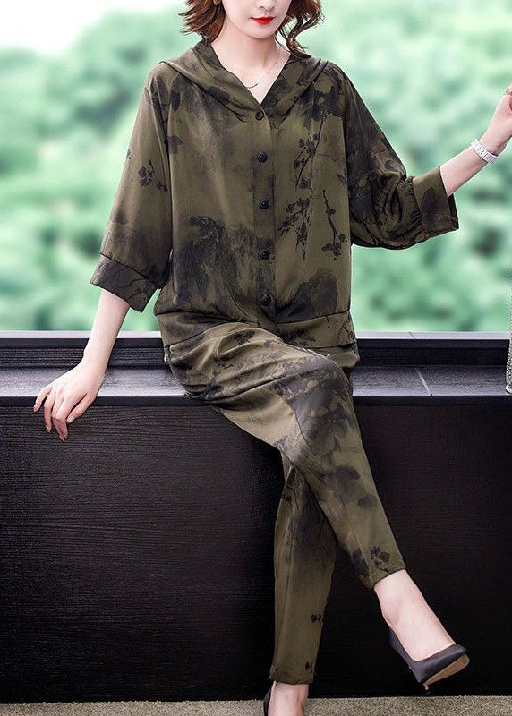 French Army Green Hooded Print Silk Two Pieces Set Spring