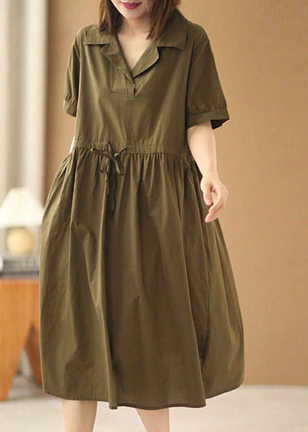 French Army Green Peter Pan Collar Cinched Pockets Cotton Cinch Long Dress Short Sleeve