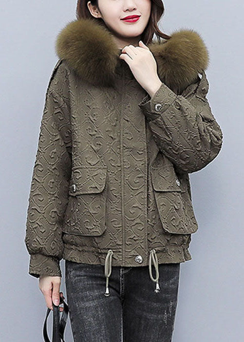 French Army Green Raccoon Hair Collar Jacquard Warm Fleece Coat Winter
