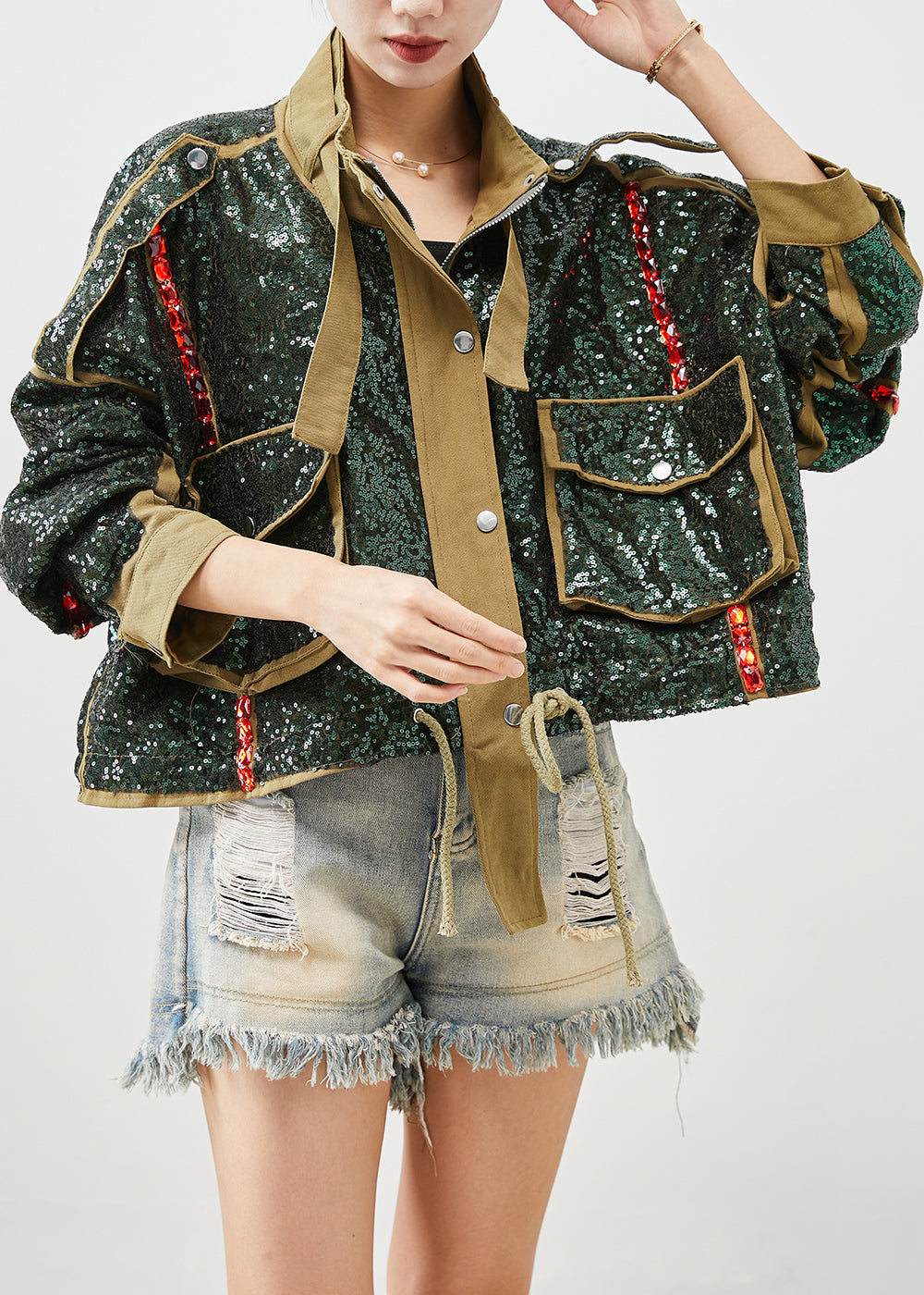 French Army Green Sequins Oversized Drawstring Jacket Fall