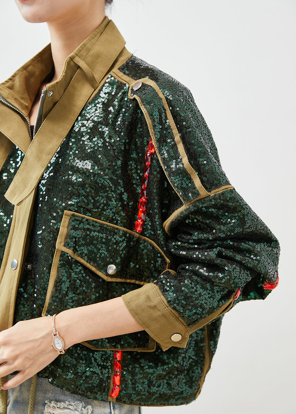 French Army Green Sequins Oversized Drawstring Jacket Fall