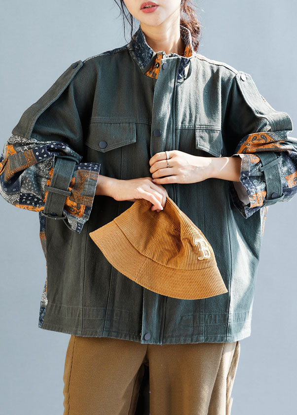French Army Green Zippered Oversized Patchwork Cotton Coats Fall