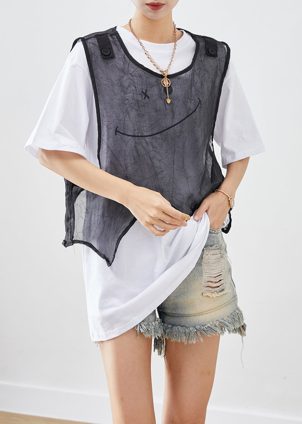 French Asymmetrical Design Smile Tulle Vest And Tank Two Pieces Set Summer