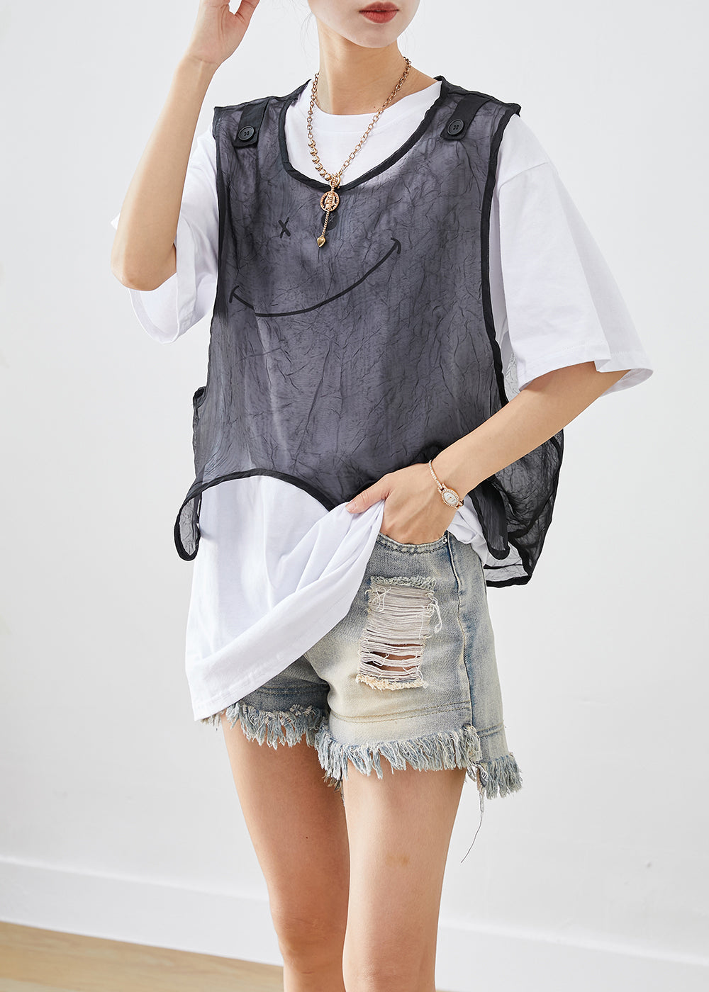 French Asymmetrical Design Smile Tulle Vest And Tank Two Pieces Set Summer