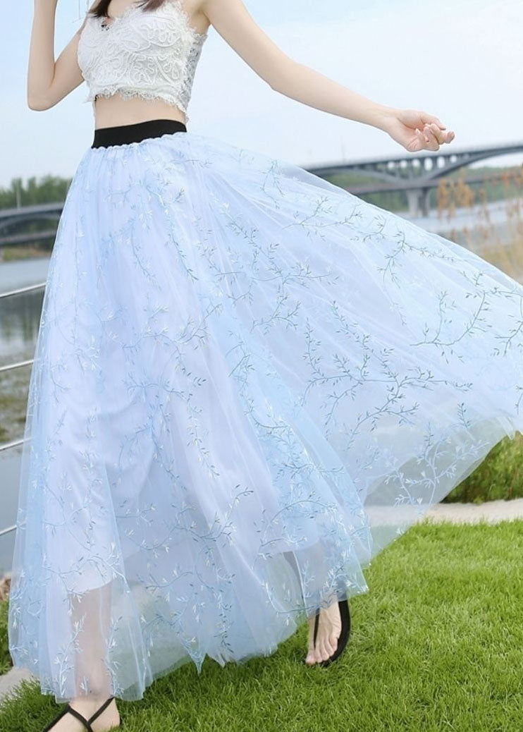 French Baby Blue Wrinkled Embroideried Patchwork Tulle Maxi Skirts Summer