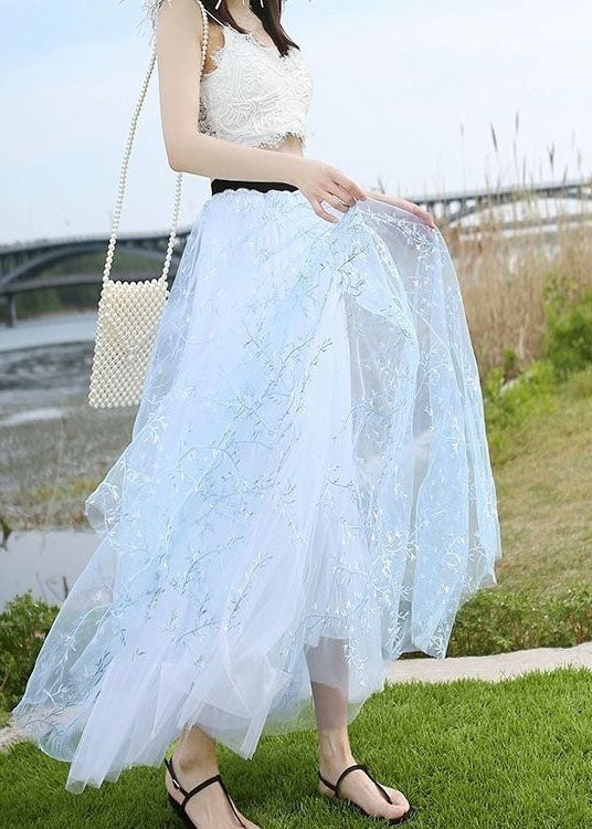 French Baby Blue Wrinkled Embroideried Patchwork Tulle Maxi Skirts Summer