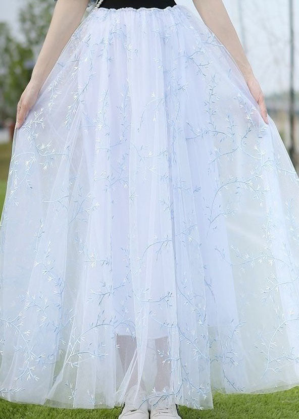 French Baby Blue Wrinkled Embroideried Patchwork Tulle Maxi Skirts Summer