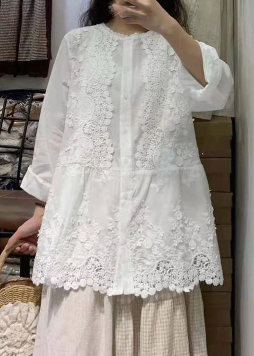 French Beige Button Lace Patchwork Cotton Shirt Long Sleeve