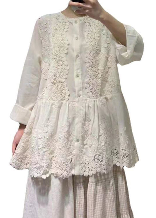 French Beige Button Lace Patchwork Cotton Shirt Long Sleeve