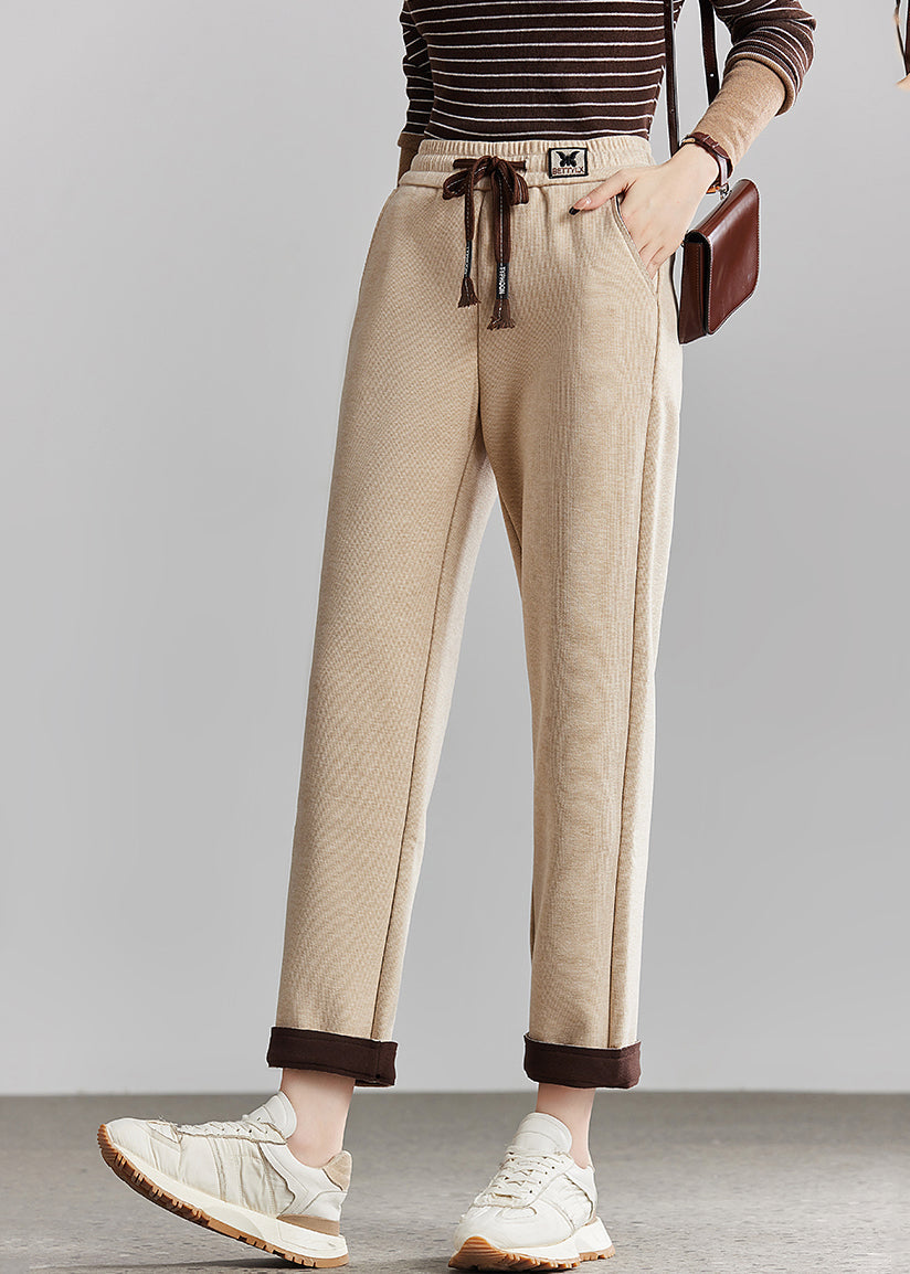 French Beige Elastic Waist Pockets Cotton Crop Pants Spring