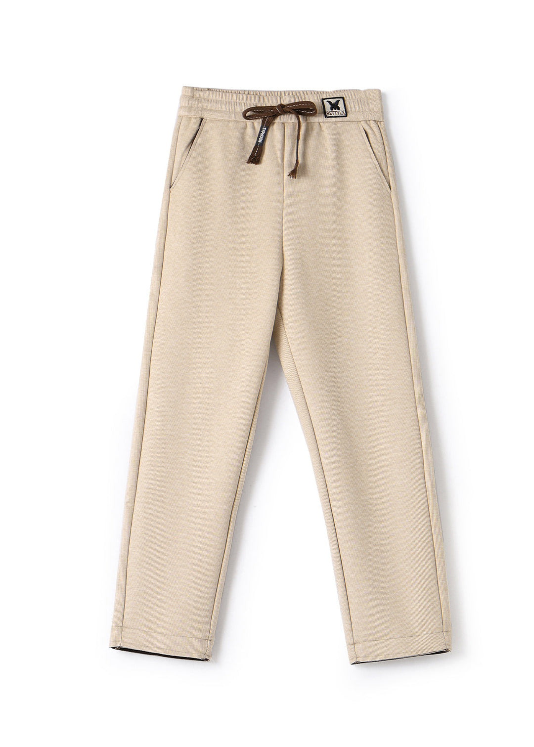 French Beige Elastic Waist Pockets Cotton Crop Pants Spring