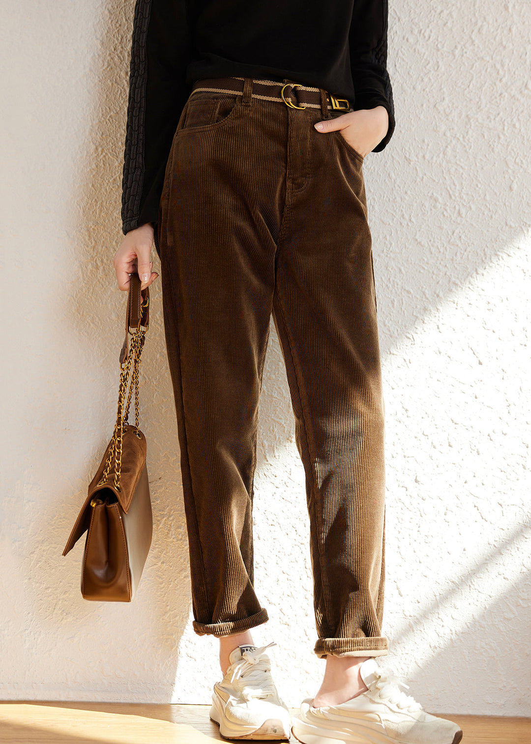 French Beige Pockets High Waist Fleece Pants Winter