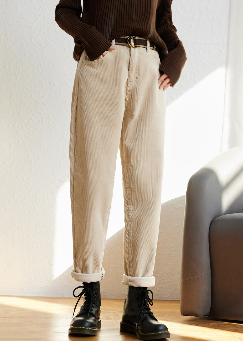 French Beige Pockets High Waist Fleece Pants Winter