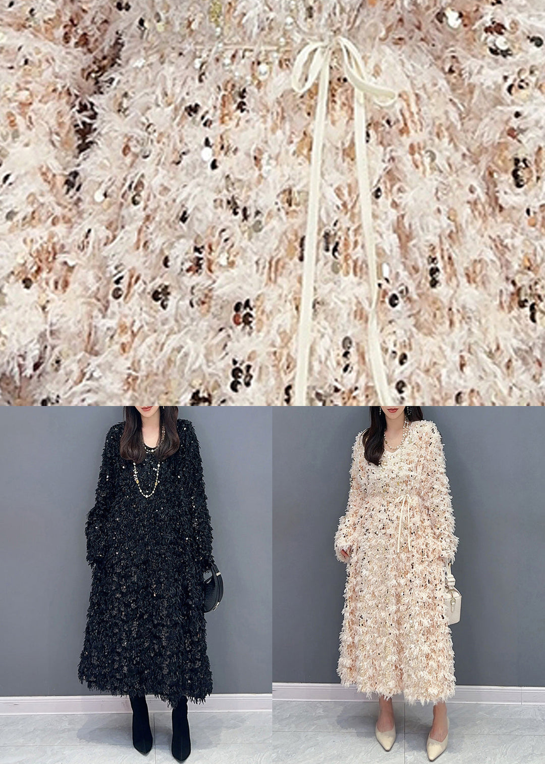 French Beige Sequins Patchwork Fuzzy Fur Fluffy Dresses Long Sleeve