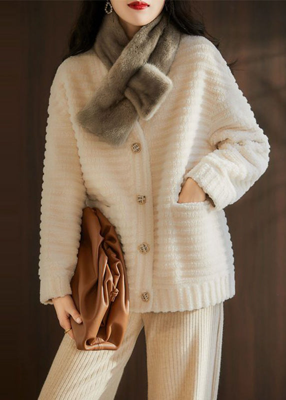 French Beige V Neck Pockets Patchwork Wool Jackets Winter