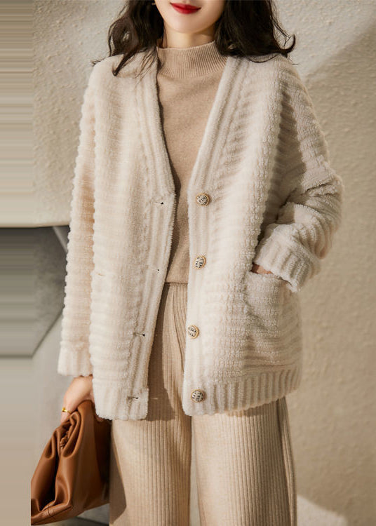 French Beige V Neck Pockets Patchwork Wool Jackets Winter