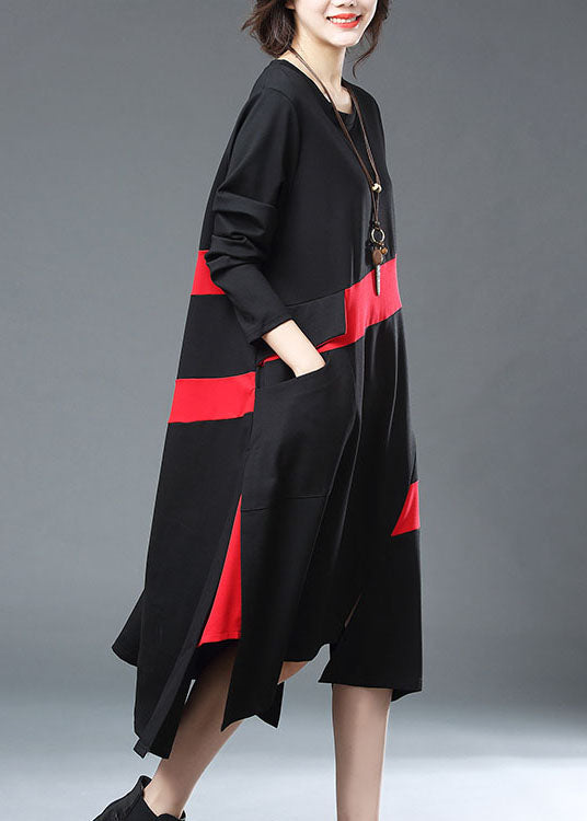 French Black Asymmetrical Design Pockets Patchwork Cotton Long Dress Fall