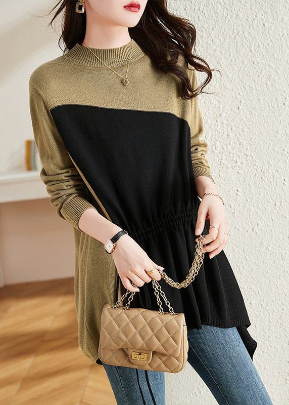 French Black Asymmetrical Patchwork Drawstring Knit Sweaters Fall