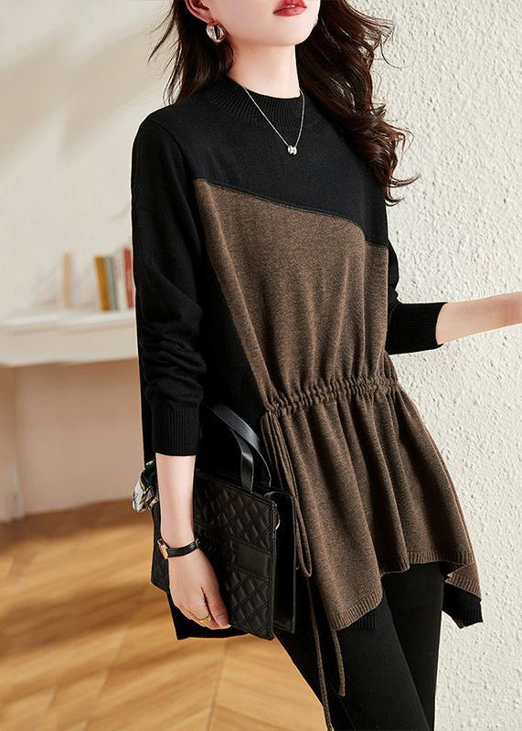 French Black Asymmetrical Patchwork Drawstring Knit Sweaters Fall