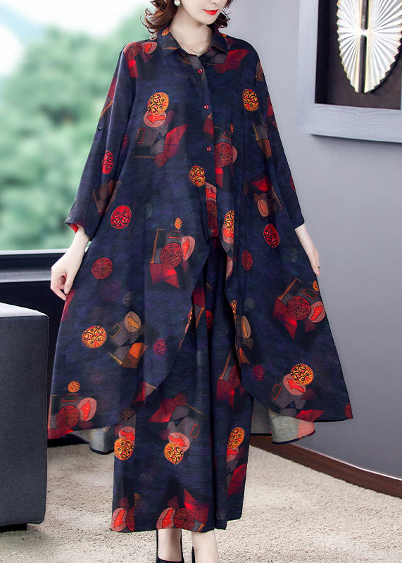 French Black Asymmetrical Print Chiffon Shirt And Wide Leg Pants Two Pieces Set Summer