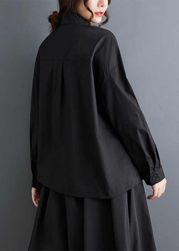 French Black Asymmetrical Print Patchwork Cotton Shirts Fall