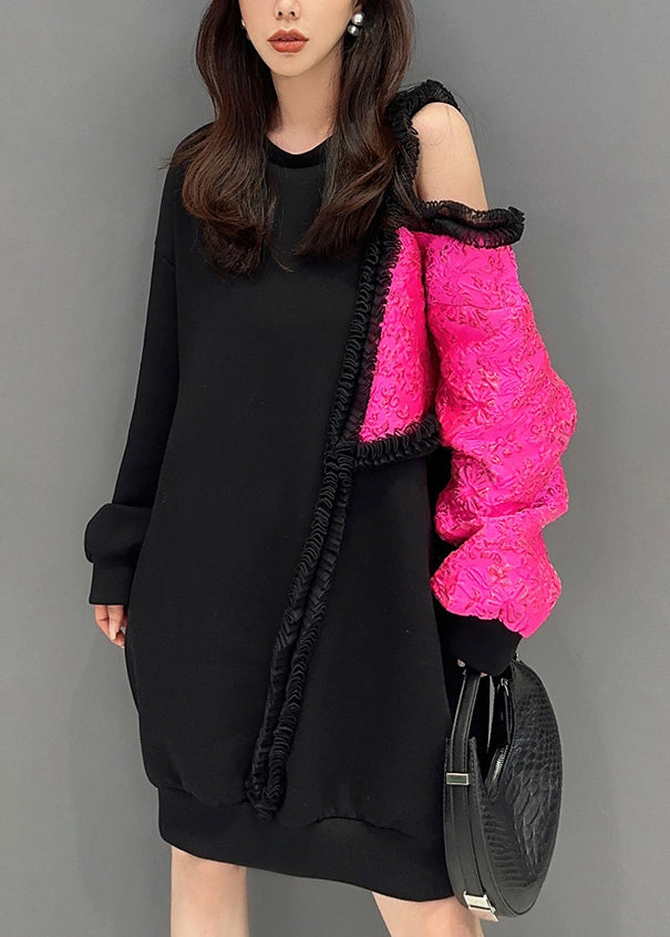 French Black Asymmetrical Ruffled Patchwork Cotton Sweatshirts Fall