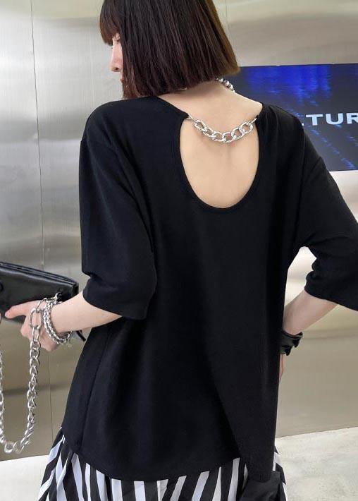 French Black Backless Short Sleeve Tops Summer - Omychic