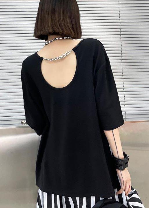 French Black Backless Short Sleeve Tops Summer - Omychic