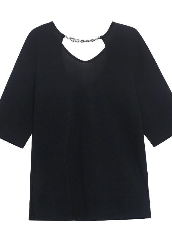 French Black Backless Short Sleeve Tops Summer - Omychic