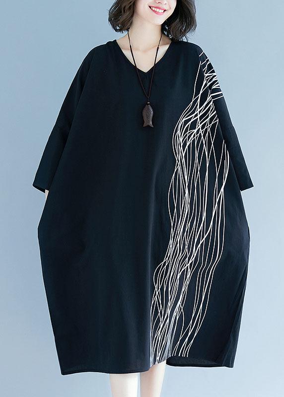 French Black Bat Wing Sleeve V Neck Print Patchwork Fall Maxi Dress - Omychic