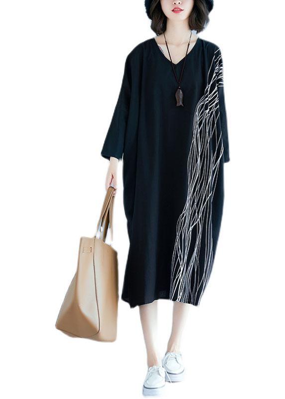 French Black Bat Wing Sleeve V Neck Print Patchwork Fall Maxi Dress - Omychic