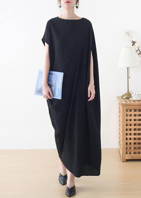 French Black Batwing Sleeve Summer Linen Dress - Omychic