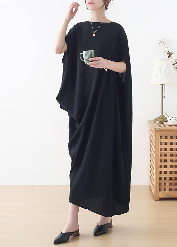 French Black Batwing Sleeve Summer Linen Dress - Omychic
