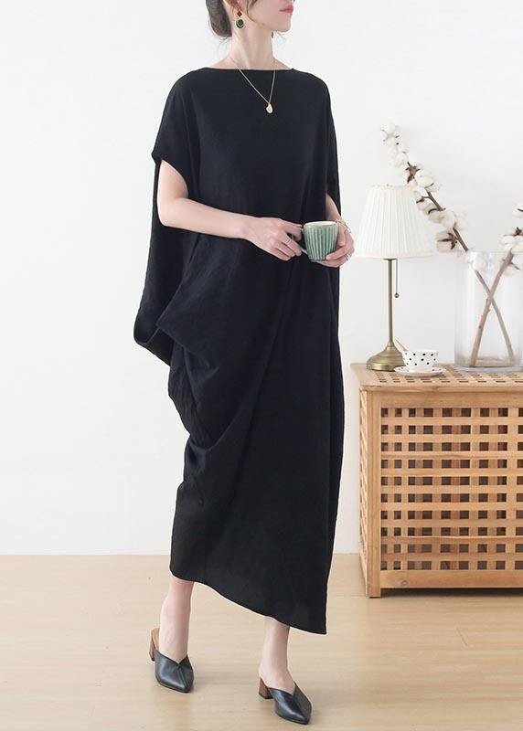 French Black Batwing Sleeve Summer Linen Dress - Omychic