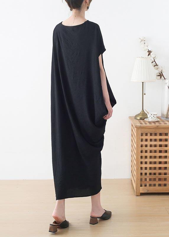 French Black Batwing Sleeve Summer Linen Dress - Omychic