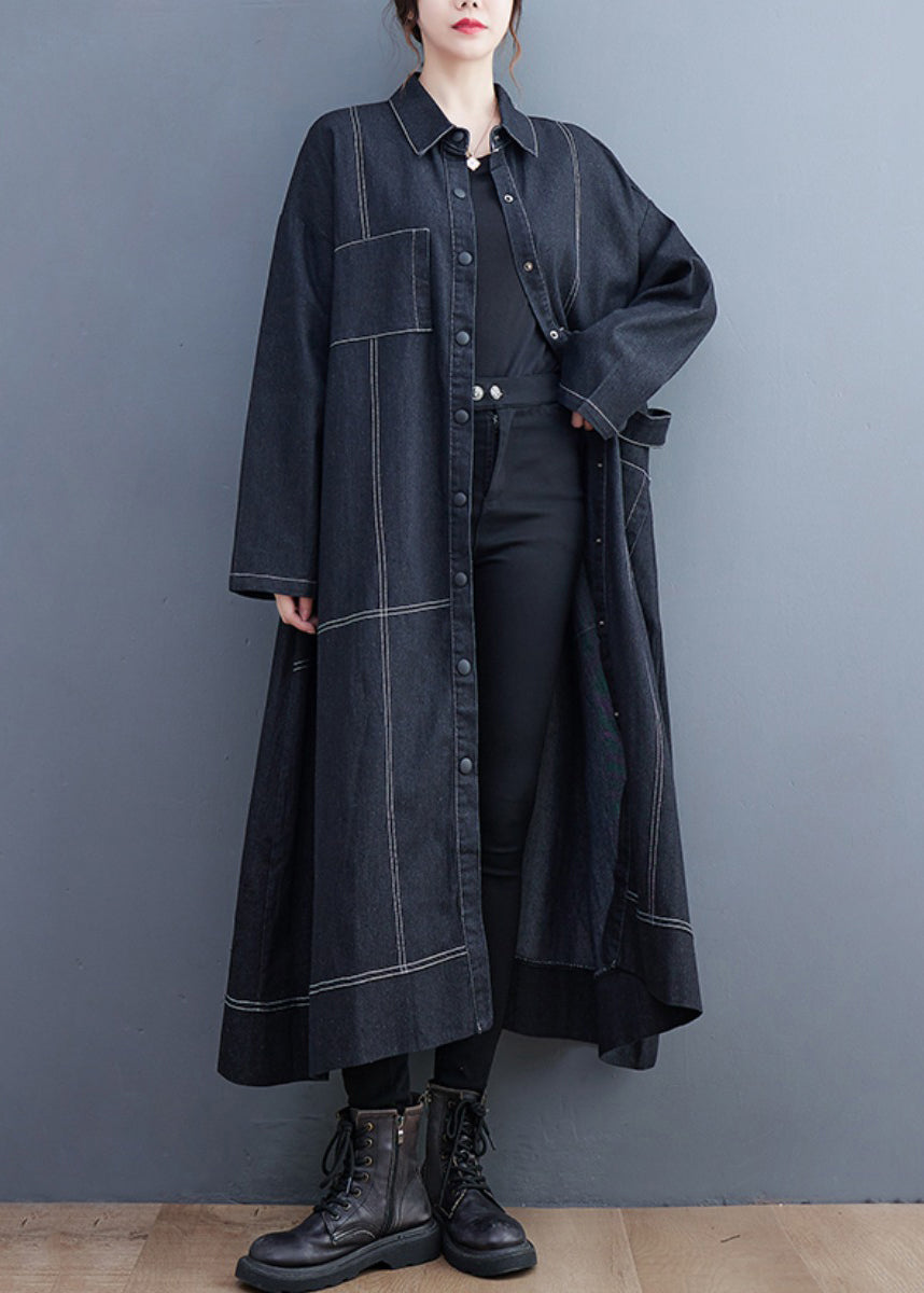 French Black Button Pockets Denim Long Trench Coat Fall