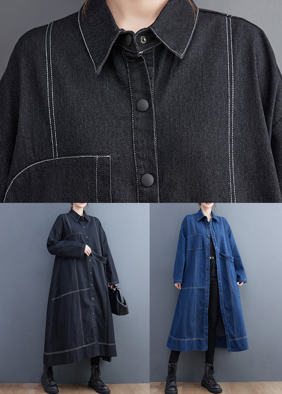 French Black Button Pockets Denim Long Trench Coat Fall