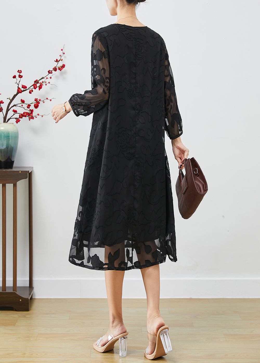 French Black Chinese Button Hollow Out Silk Dresses Fall