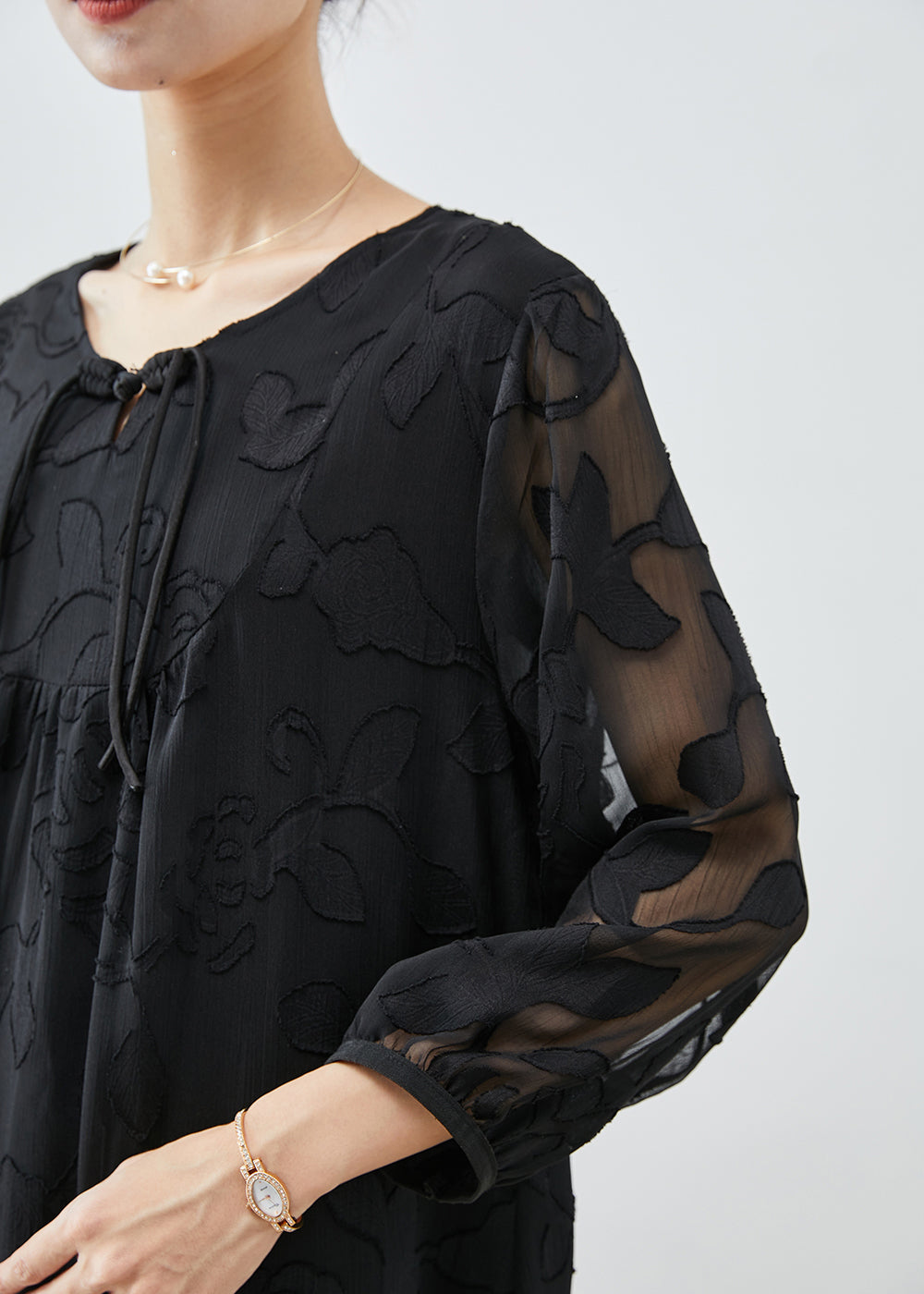 French Black Chinese Button Hollow Out Silk Dresses Fall