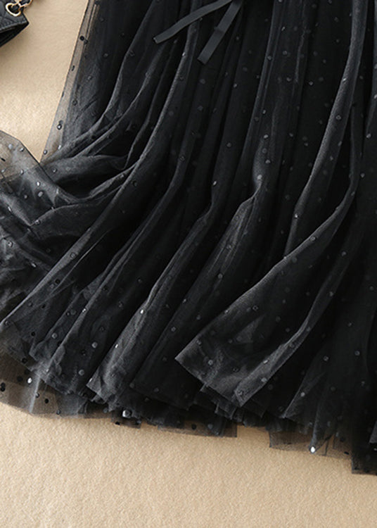 French Black Cinched Dot Tulle Skirts Spring