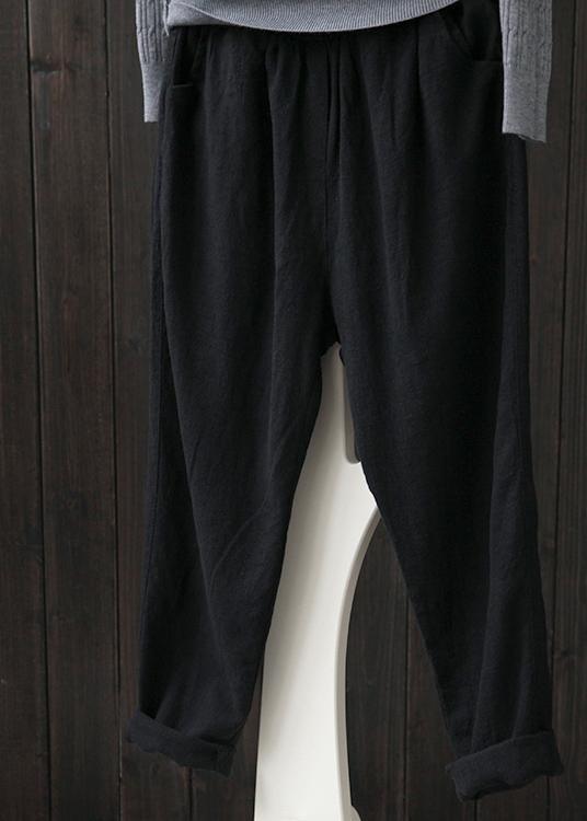 French Black Elastic Waist Linen Spring Pants - Omychic